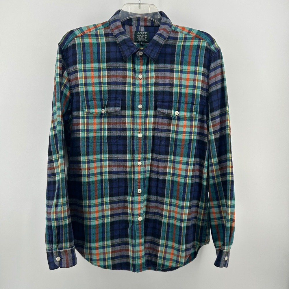 J.Crew Flannel Shirt Mens XL Blue Teal Orange Plaid 100% Cotton Classic